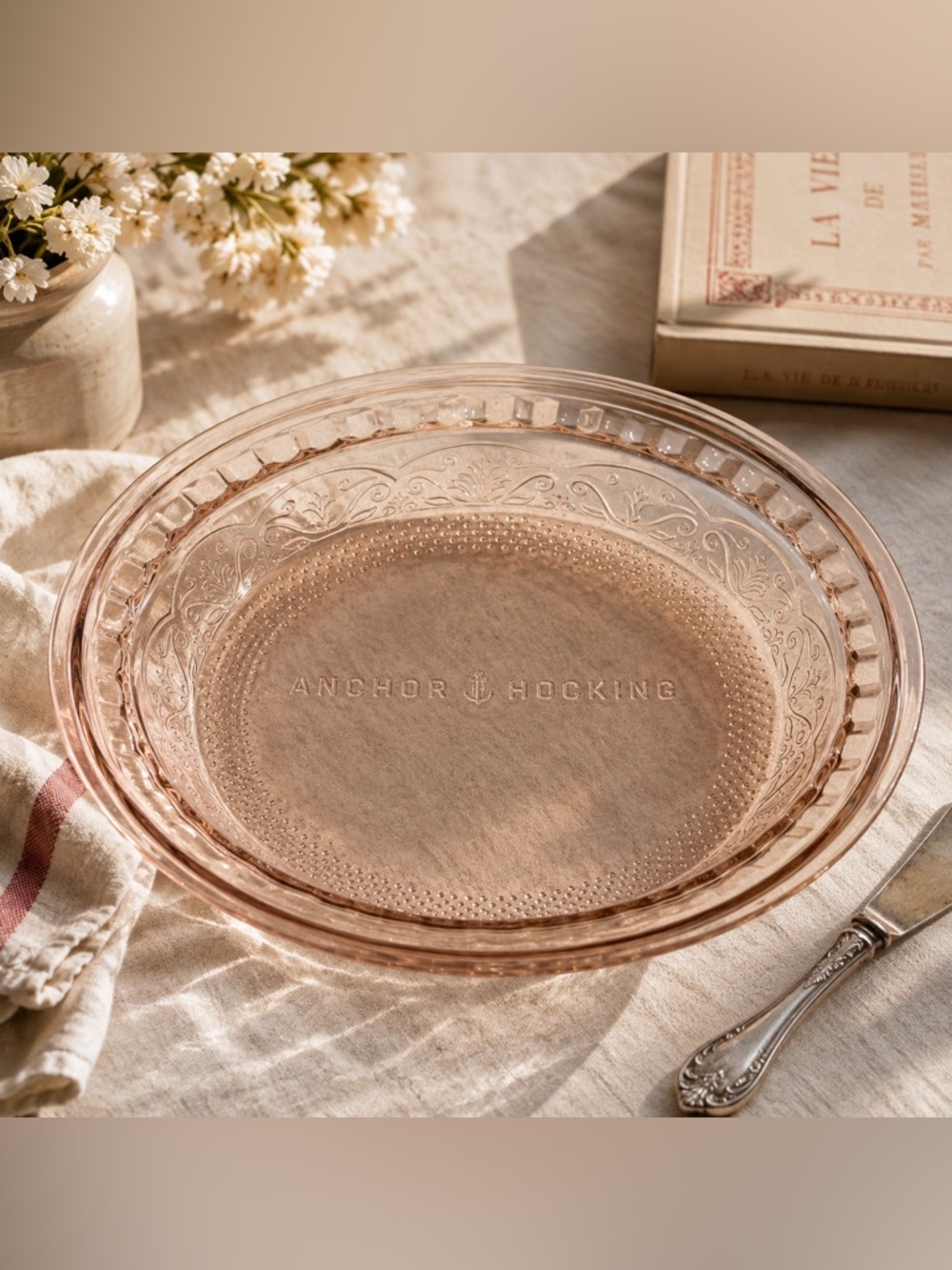 Vintage Anchor Hocking Savannah Pink Glass Pie Plate Quiche Dish Floral